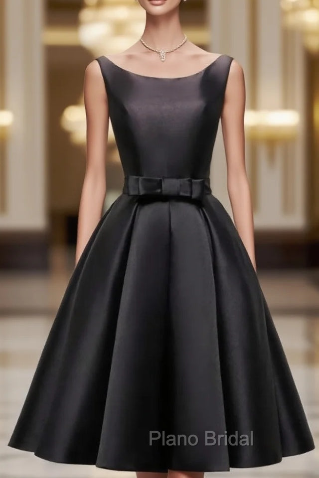 Black Satin Knee Length Round Neckline Party Dresses, Black Short Formal Prom Dresses Main image