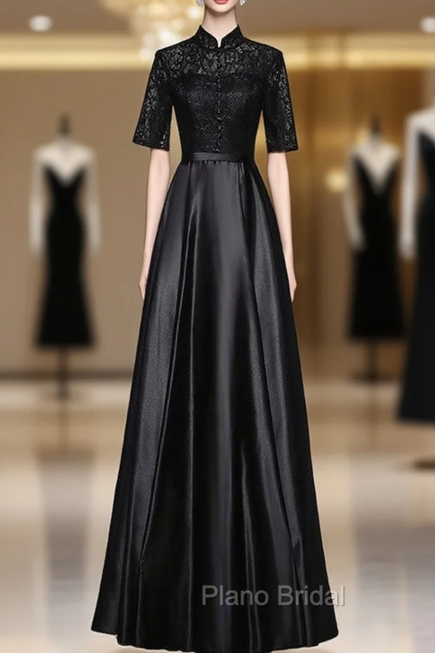 Black Satin Lace Short Sleeve Formal Prom Dresses
