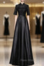 Black Satin Lace Short Sleeve Formal Prom Dresses