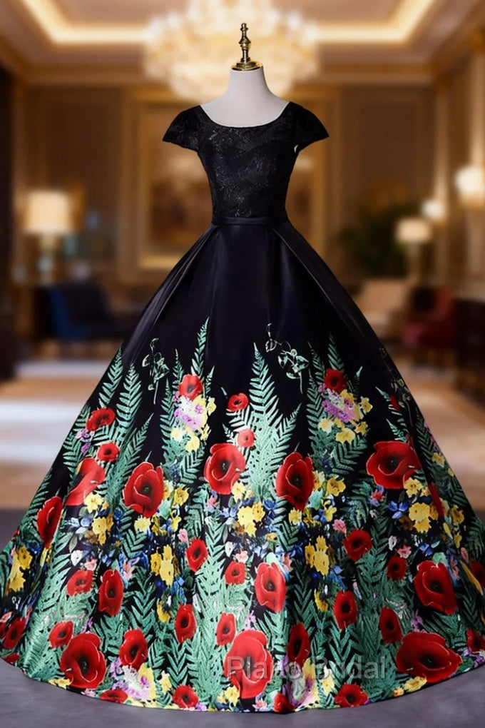 Black Satin Lace Top Print Cap Sleeve Quinceanera Dresses