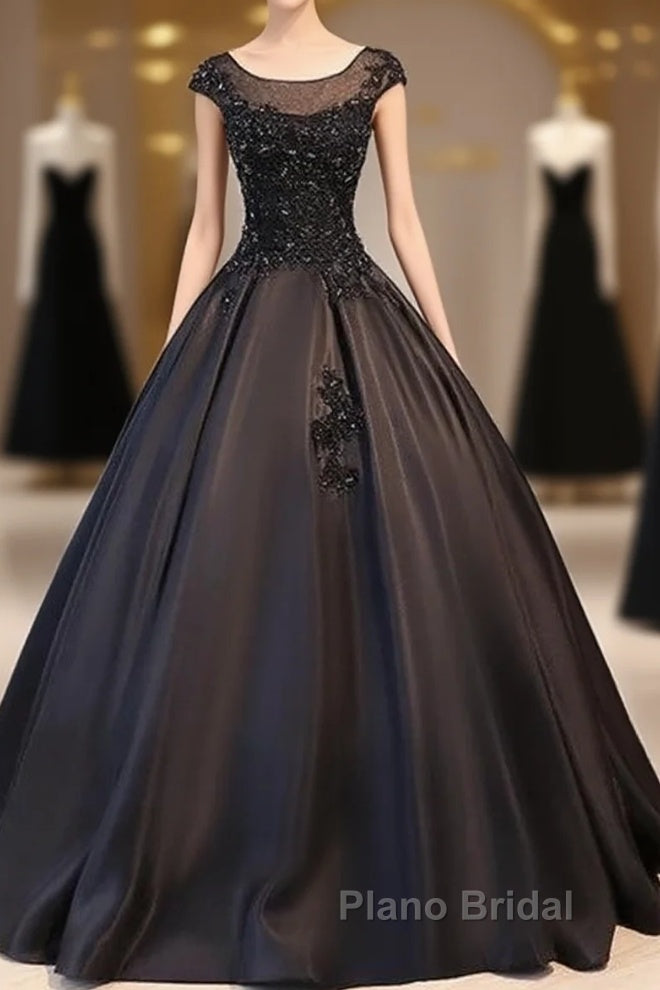 Black Satin Long Party Dresses Evening Gown A Line Floor Length Formal Prom Dresses Elegant Main image