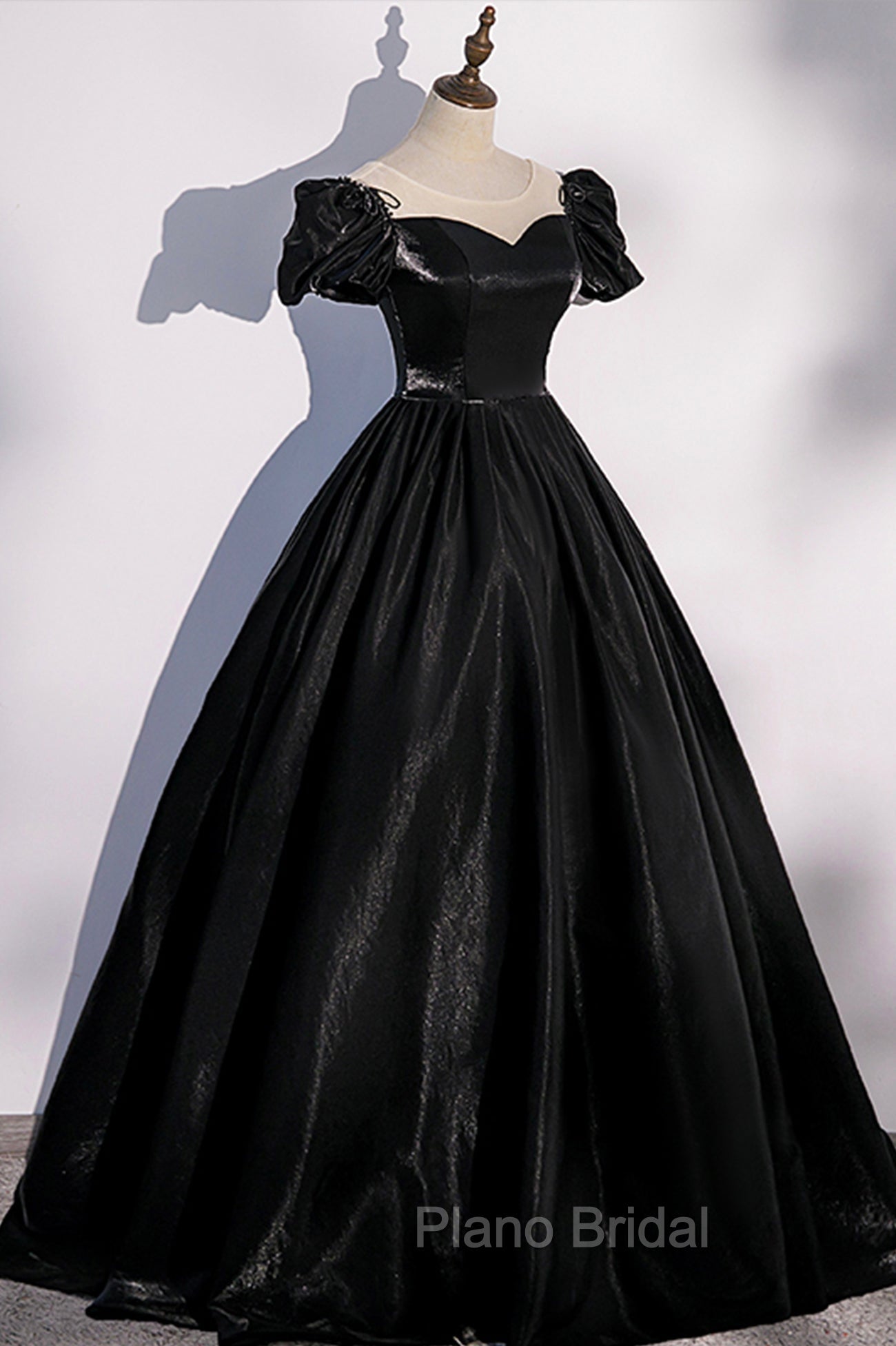 Black Satin Long Formal Prom Dresses, Black A-Line Short Sleeve Evening Dresses
