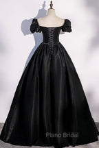 Black Satin Long Formal Prom Dresses, Black A-Line Short Sleeve Evening Dresses