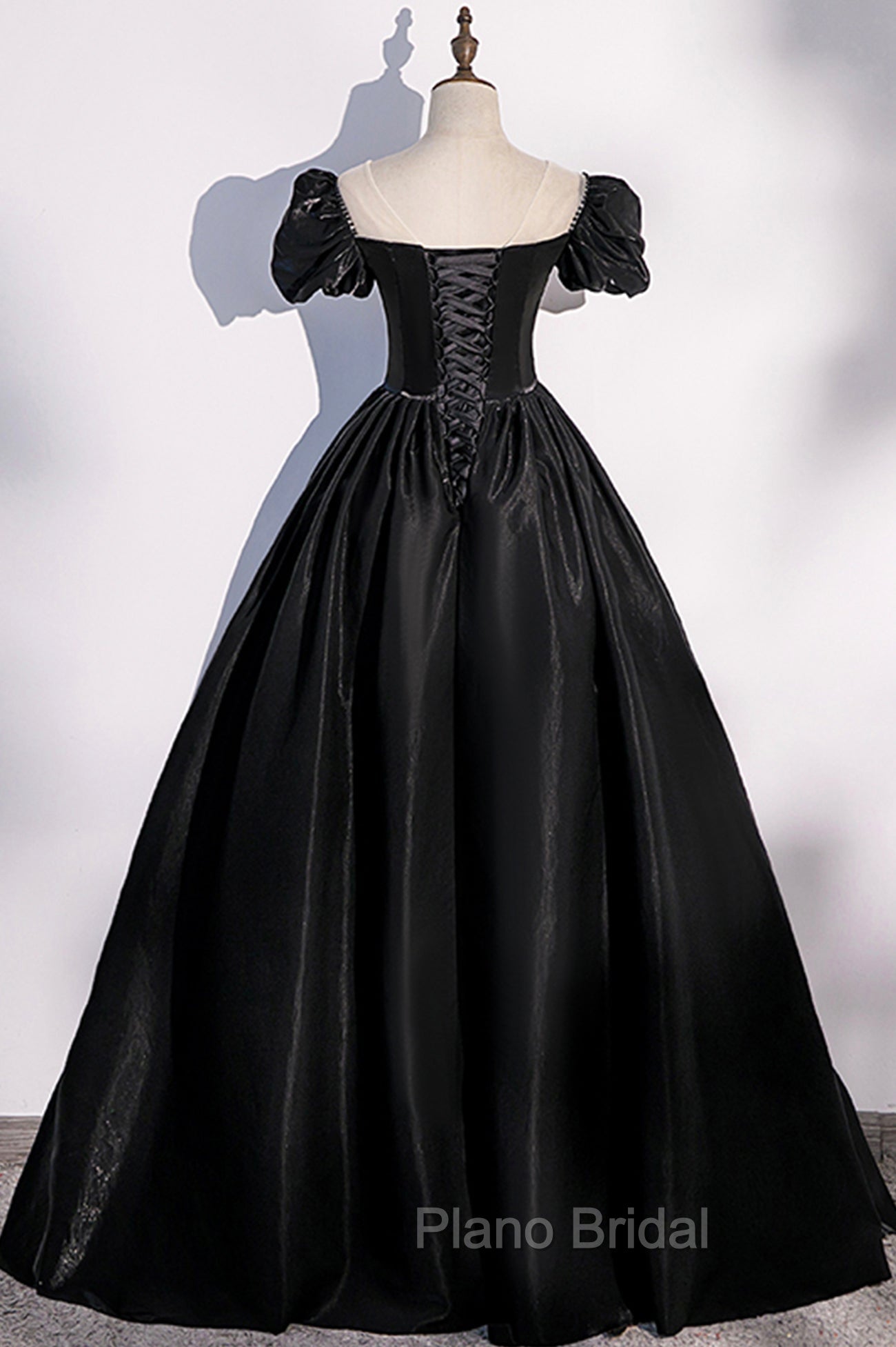 Black Satin Long Formal Prom Dresses, Black A-Line Short Sleeve Evening Dresses