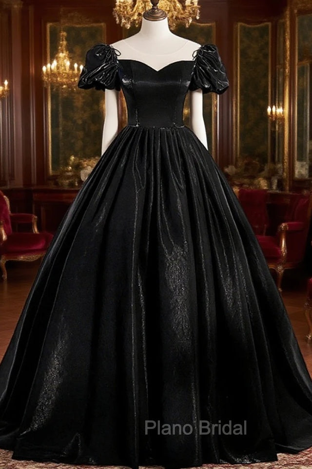 Black Satin Long Formal Prom Dresses, Black A-Line Short Sleeve Evening Dresses Main image