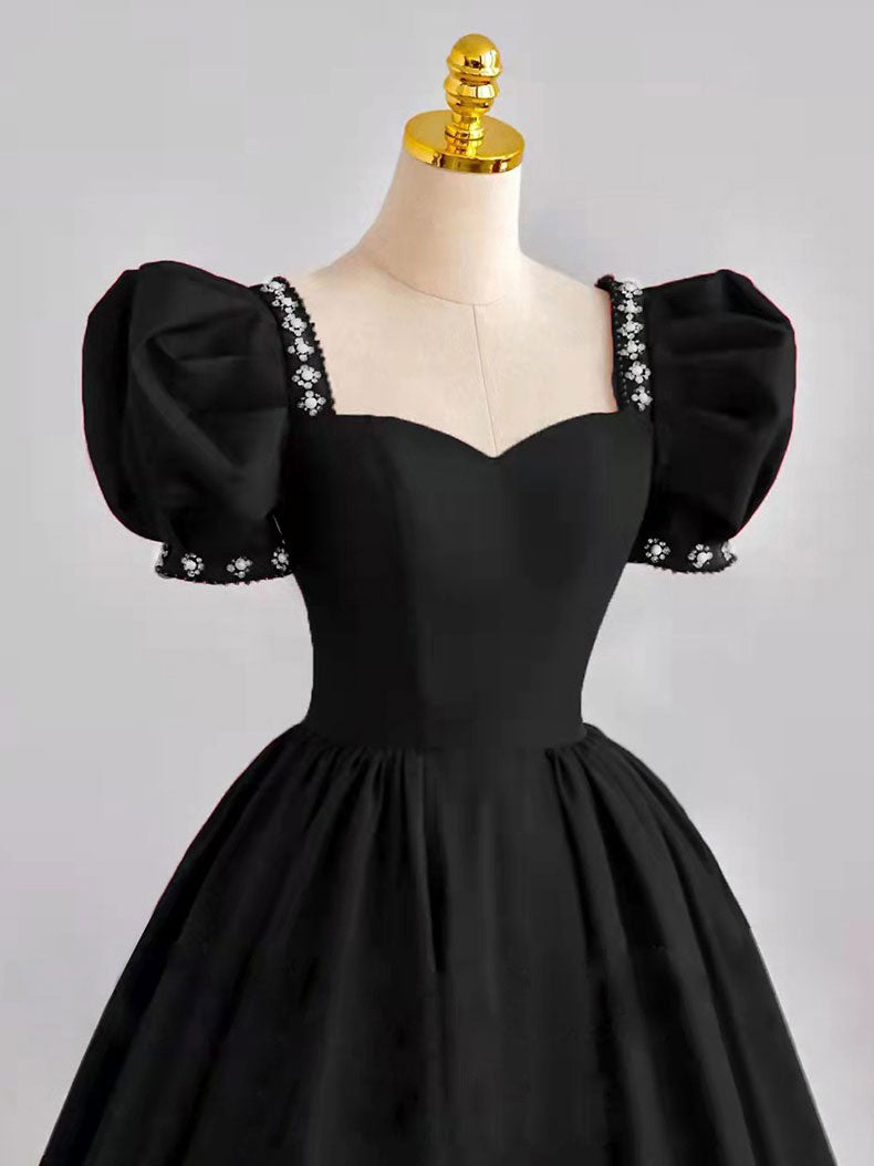 Black Satin Long Formal Prom Dresses, Black Prom Dresses