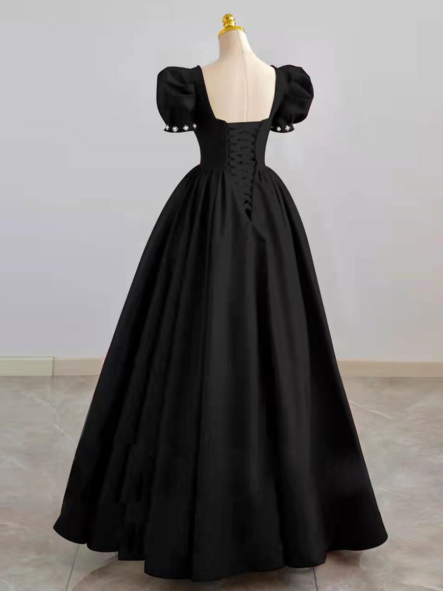 Black Satin Long Formal Prom Dresses, Black Prom Dresses
