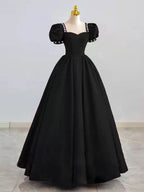 Black Satin Long Formal Prom Dresses, Black Prom Dresses