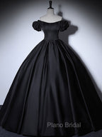 Black Satin Long Formal Prom Dresses, Black Long Formal Sweet 16 Dresses
