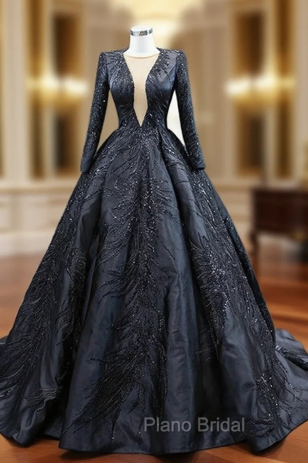 Black Satin Long Sleeve Sequins Formal Prom Dresses Main image