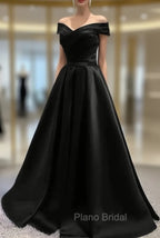 Black Satin Off Shoulder Long Simple Evening Dresses Formal Dresses, Black Party Dresses