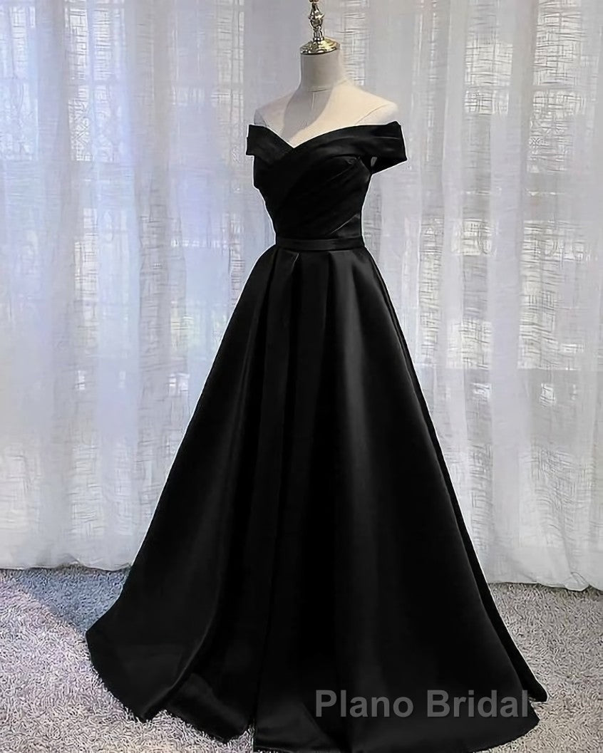 Black Satin Off Shoulder Long Simple Evening Dresses Prom Dresses,Stunning Party Gown