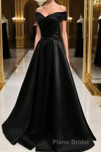 Black Satin Off Shoulder Long Simple Evening Dresses Prom Dresses,Stunning Party Gown