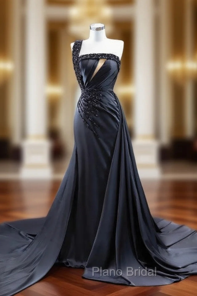 Black Satin One Shoulder Pleats Beading Formal Prom Dresses Main image