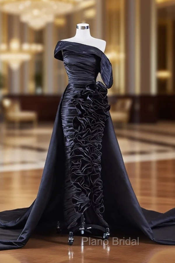 Black Satin Pleats Ruffles Formal Prom Dresses Main image