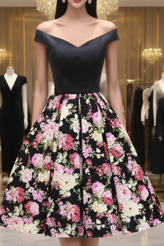 Black Satin Print Off the Shoulder Homecoming Dresses Main image