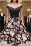 Black Satin Print Off the Shoulder Homecoming Dresses