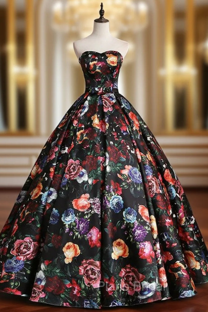 Black Satin Print Sweetheart Quinceanera Dresses With Bow
