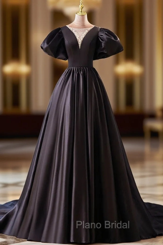 Black Satin Puff Sleeve Beading Formal Prom Dresses Main image