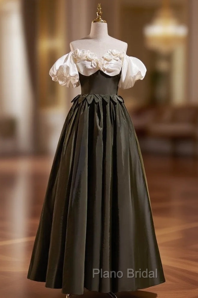 Black Satin Puff Sleeve Flower Formal Prom Dresses