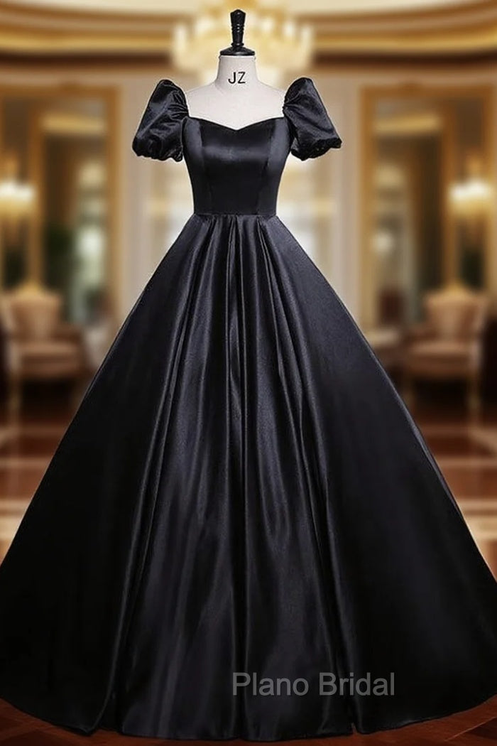 Black Satin Puff Sleeve Square Neck Formal Prom Dresses