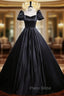 Black Satin Puff Sleeve Square Neck Formal Prom Dresses