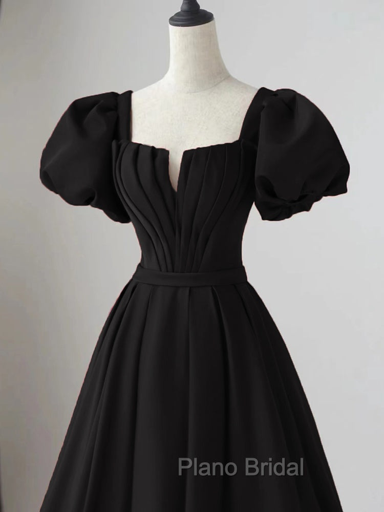 Black Satin Puffy Sleeves Long Evening Party Dresses, Black Long Formal Prom Dresses