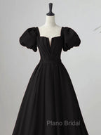 Black Satin Puffy Sleeves Long Evening Party Dresses, Black Long Formal Prom Dresses