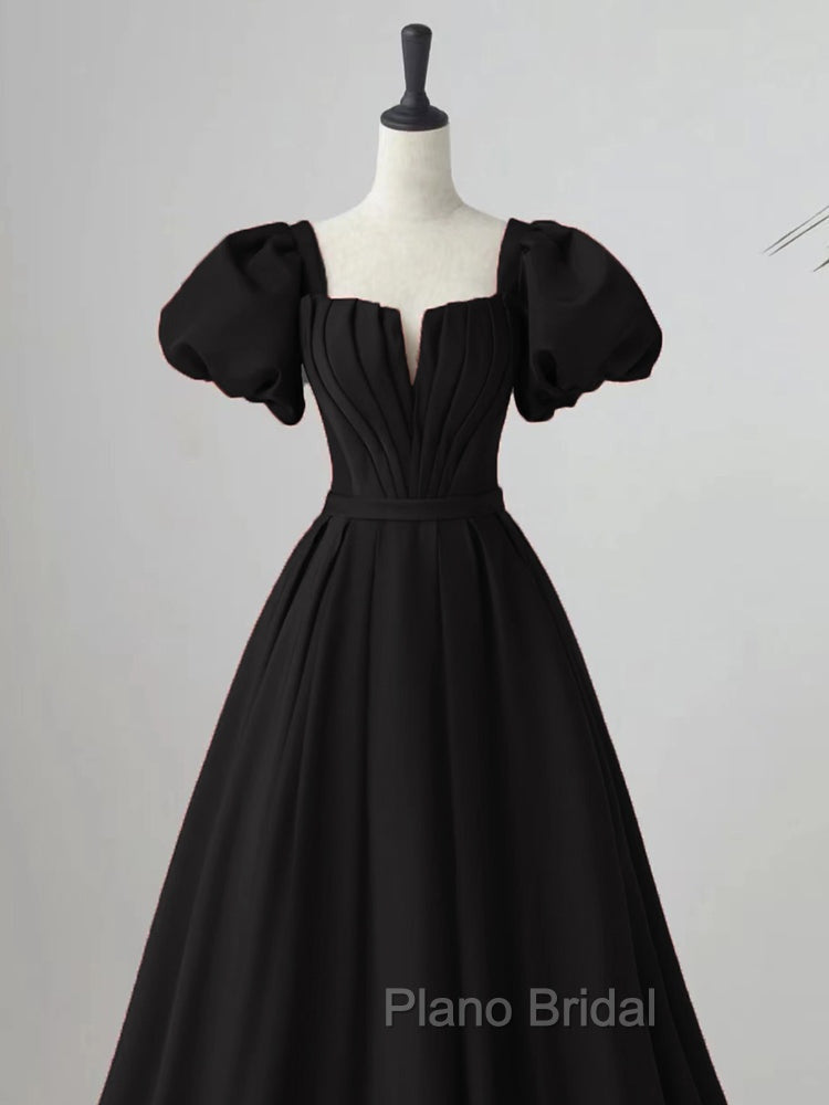 Black Satin Puffy Sleeves Long Evening Party Dresses, Black Long Formal Prom Dresses