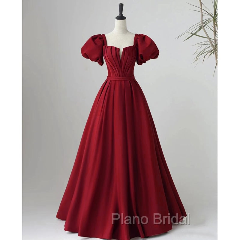 Black Satin Puffy Sleeves Long Evening Party Dresses, Black Long Formal Prom Dresses