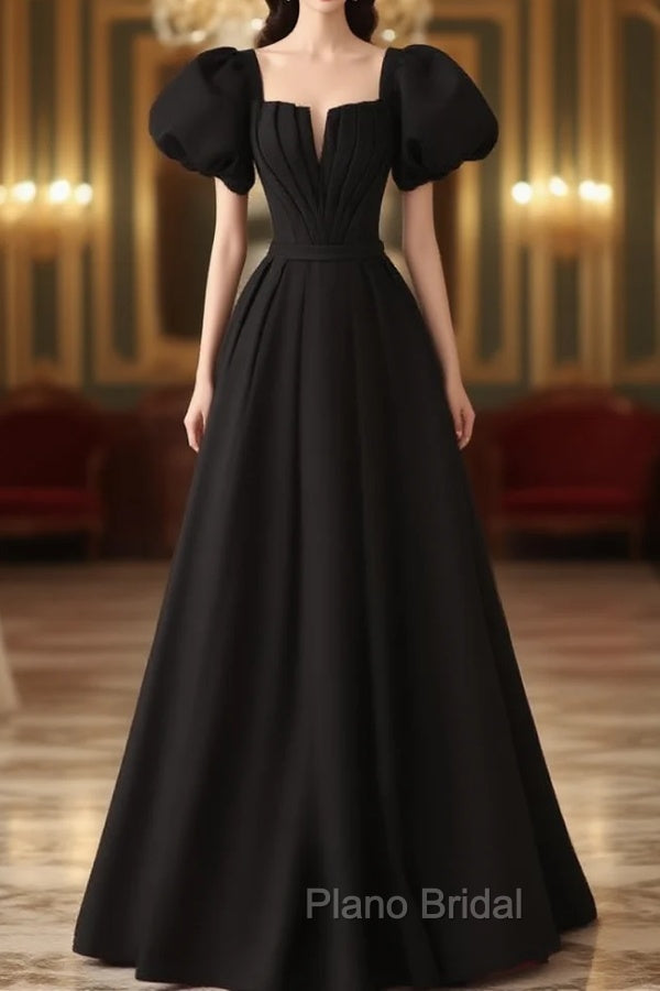 Black Satin Puffy Sleeves Long Evening Party Dresses, Black Long Formal Prom Dresses