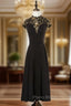 Black Satin Sequins Cap Sleeve High Neck Formal Prom Dresses