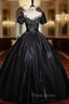 Black Satin Short Sleeve Appliques Quinceanera Dresses