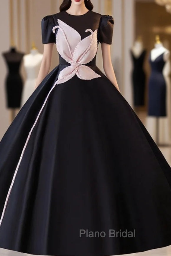 Black Satin Short Sleeve Ball Gown Formal Prom Dresses