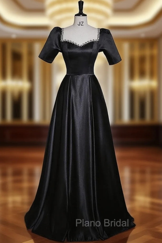 Black Satin Short Sleeve Beading Formal Prom Dresses
