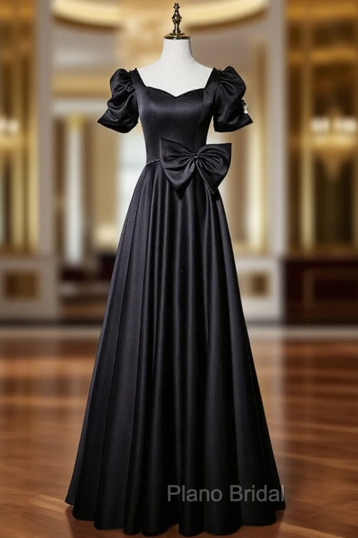Black Satin Short Sleeve Bow Formal Prom Dresses