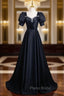 Black Satin Short Sleeve Pleats Formal Prom Dresses