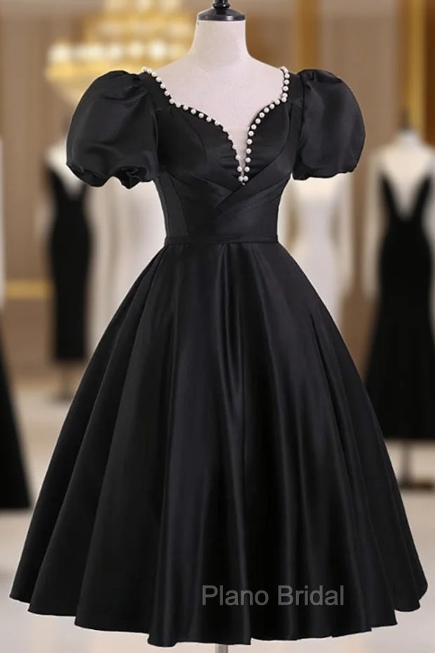 Black Satin Short Sleeves Knee Length Party Dresses, Black Homecoming Dresses Secondary image
