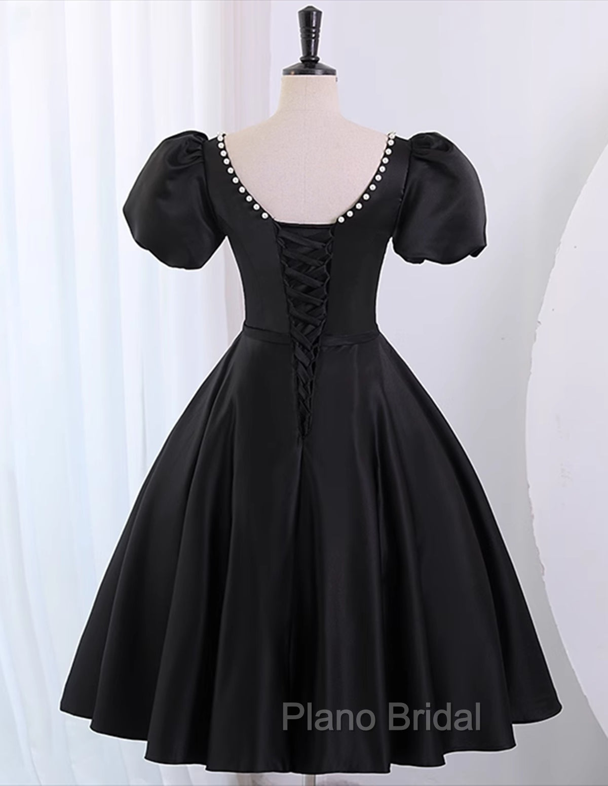 Black Satin Short Sleeves Knee Length Party Dresses, Black Homecoming Dresses