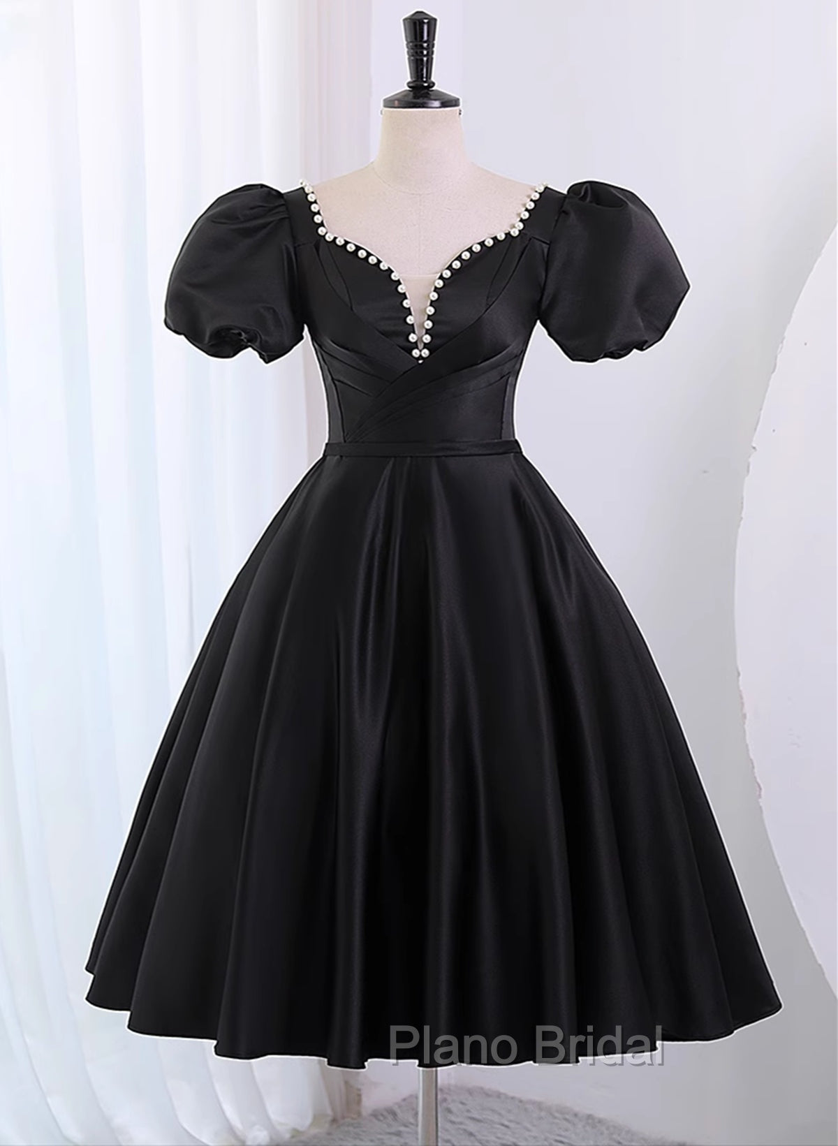 Black Satin Short Sleeves Knee Length Party Dresses, Black Homecoming Dresses
