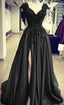 Black Satin Slit Dresses With Lace Embroidery Formal Prom Dresses