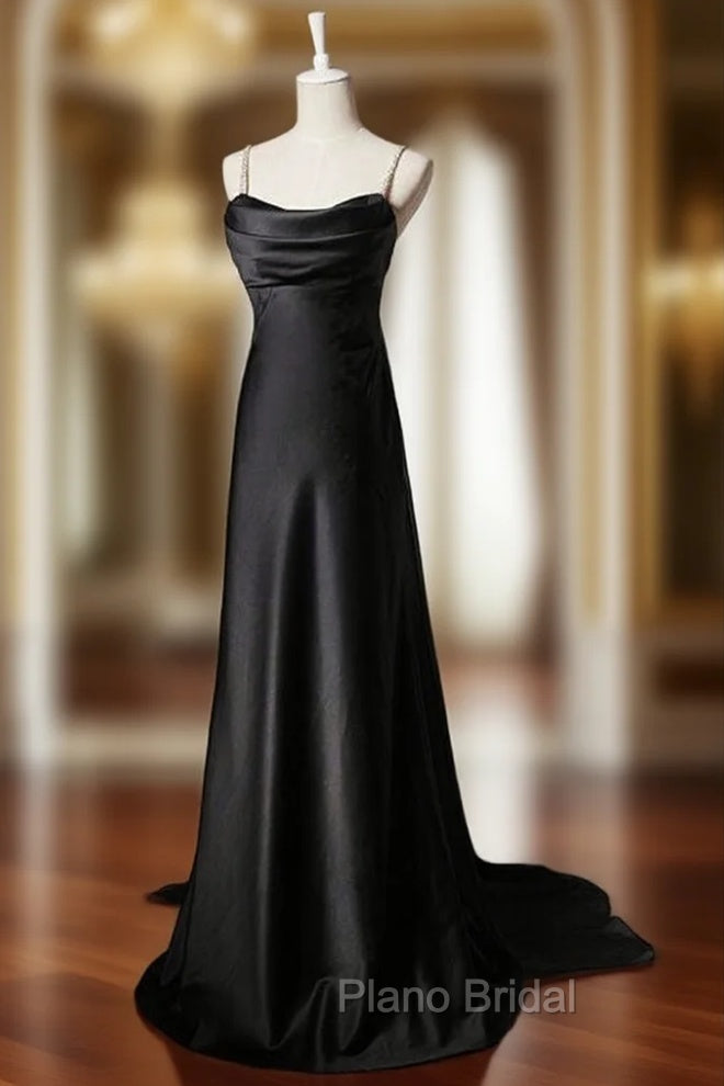 Black Satin Spaghetti Straps Pleats Formal Prom Dresses Main image
