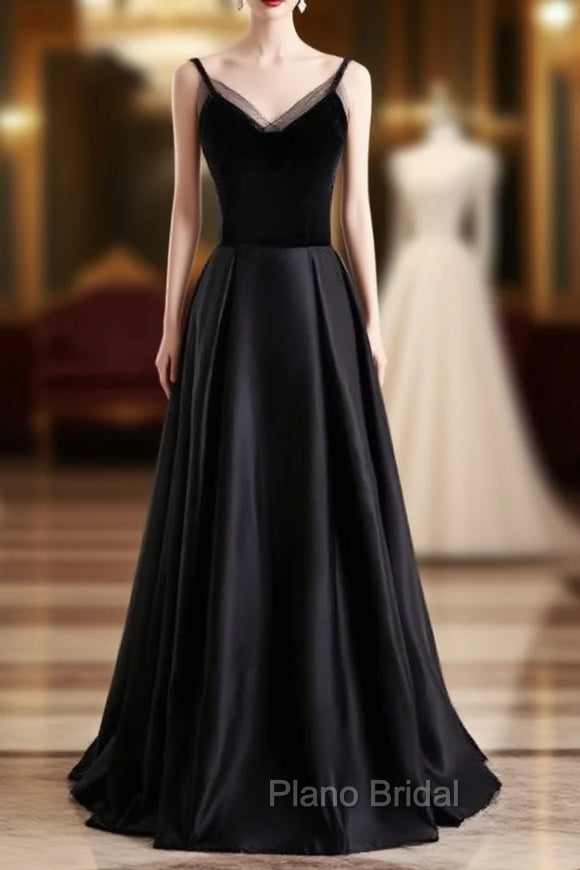 Black Satin Spaghetti Straps Formal Prom Dresses