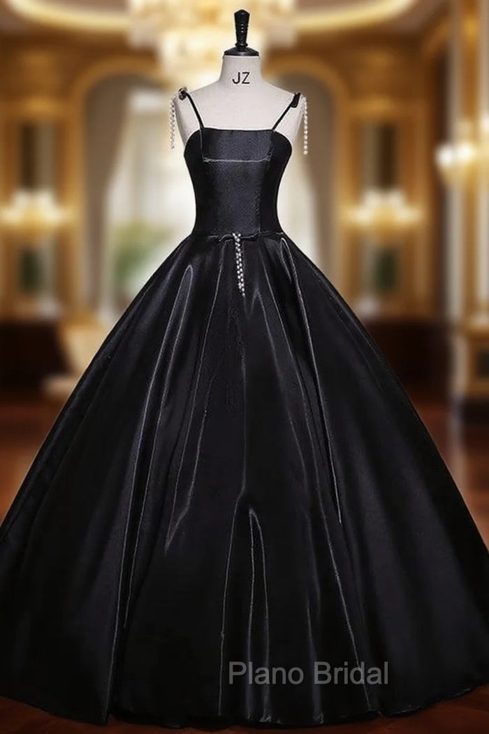 Black Satin Spaghetti Straps Quinceanera Dresses