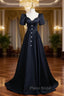 Black Satin Square Neck Short Sleeve Formal Prom Dresses