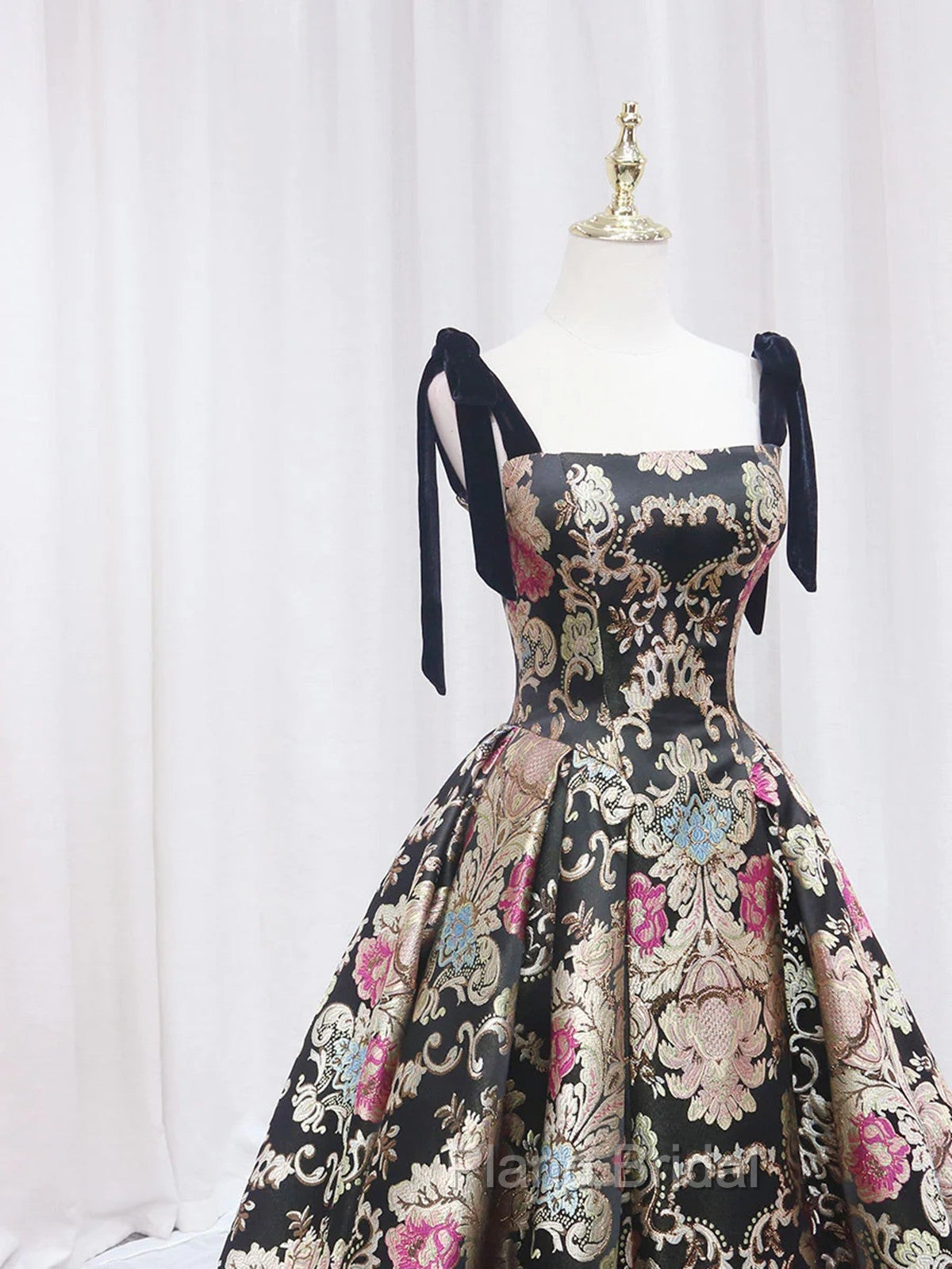 Black Satin Straps A-line Floral Long Formal Dresses, Black Evening Dresses Secondary image
