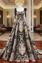 Black Satin Straps A-line Floral Long Formal Dresses, Black Evening Dresses
