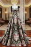 Black Satin Straps A-line Floral Long Formal Dresses, Black Evening Dresses