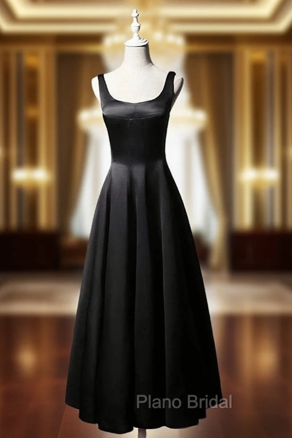 Black Satin Straps Black Short Formal Prom Dresses