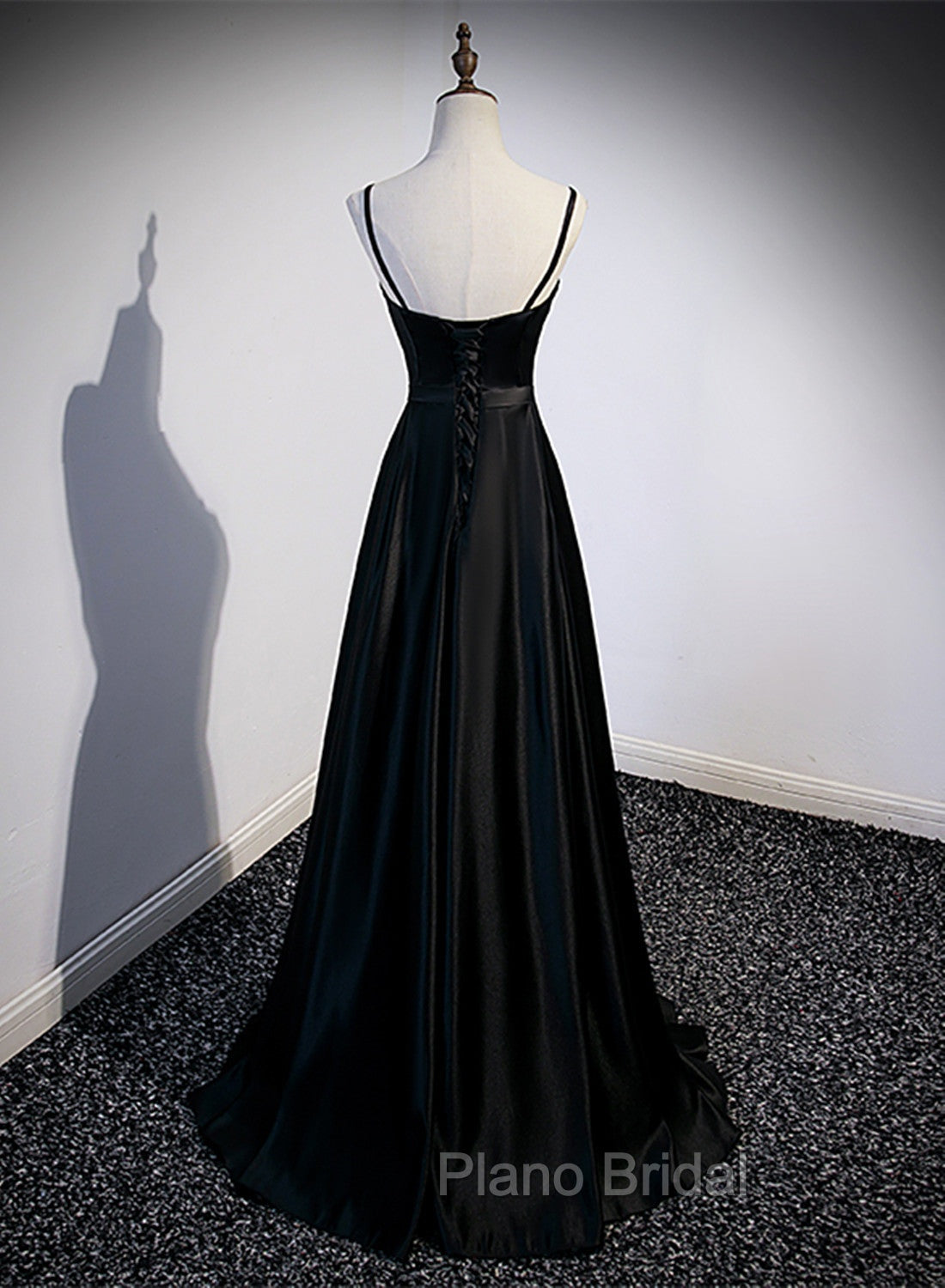 Black Satin Straps Long Party Dresses, Black Sweetheart Long Evening Dresses Formal Prom Dresses